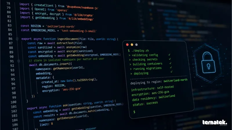 Document ingestion code with anonymization and encryption, deployment terminal on self-hosted Swiss infrastructure