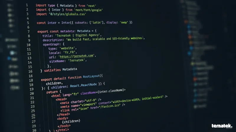 Code editor screen showing a Next.js architecture with SEO metadata, Ternatek logo
